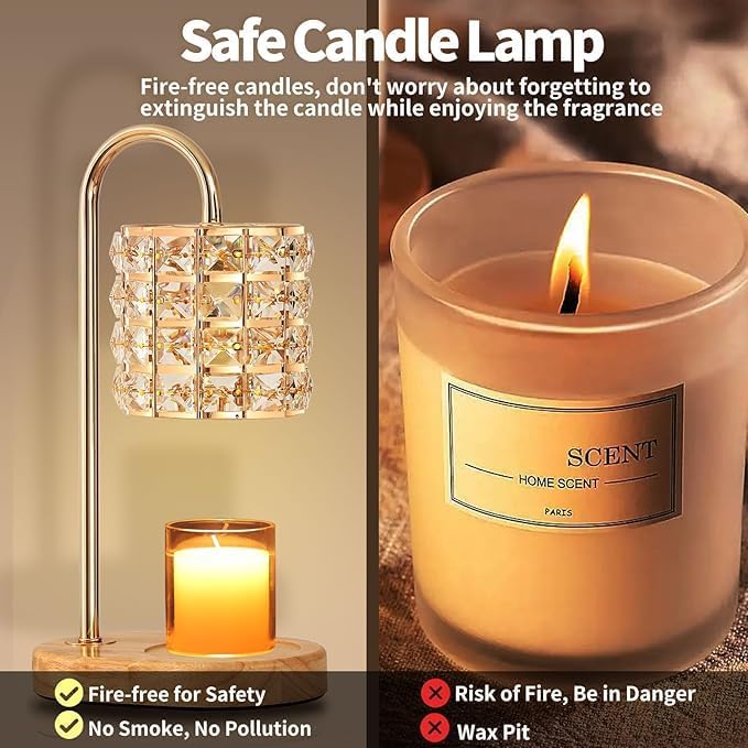 Candle Warmer Lamp, Adjustable Height Wax Warmer Lamp with 2 Bulbs Timer Dimmer, Candle Top Melting Compatible Jar Candles, Glass Candle Heater Lamp for Scented Wax, Gifts for Home Decor (Amber)