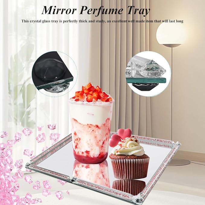 Large Mirrored Vanity Tray, Crushed Diamond Filled Crystal Glass Cosmetic Makeup Tray, Sparkle Perfume Jewelry Trinket Countertop Decorative Tray, for Home Party Hotel Banquet Dresser Bathroom Bedroom