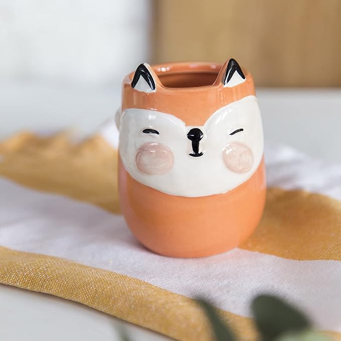 Fox Animal Ceramic Planter for Indoor and Outdoors, 3 x 3 x 4 in., Cute Hand Painted Designed in Argentina, Convenient Drain Hole