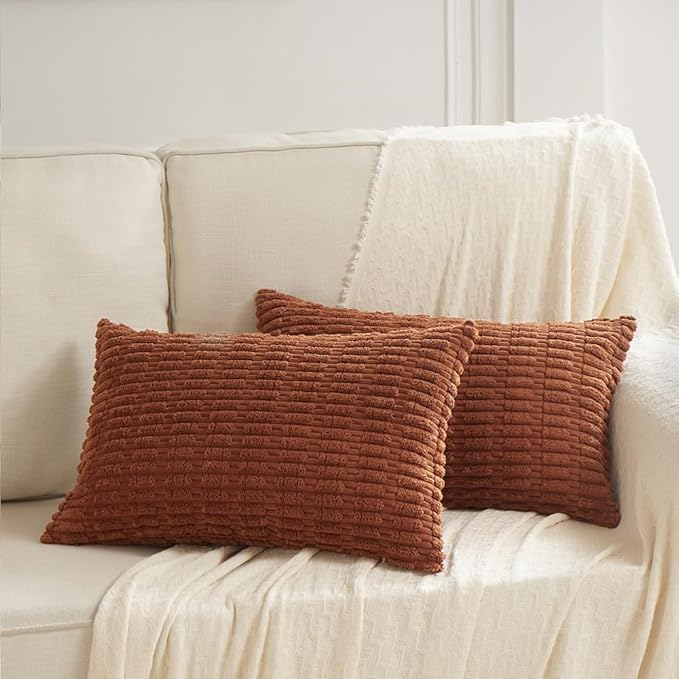 Fancy Homi 4 Packs Rust Decorative Throw Pillow Covers 12x24 Inch for Living Room Couch Bed Sofa, Terracotta Rustic Farmhouse Boho Home Decor, Soft Plush Striped Corduroy Square Cushion Case 30x60 cm