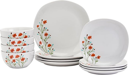 Tabletops Gallery 12-Piece White Floral Ceramic Dinnerware Set of Kitchen Dishes, Soft Square Dinner Salad Plates Cereal Bowls, Service for 4, Caroline