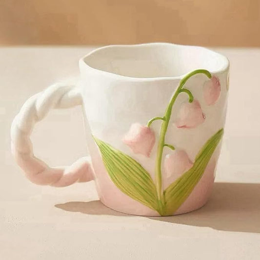 Flower Mugs with Handle, Cute Ceramic Coffee Teacups for Women, Floral Girly Mugs for Christmas, 13oz (Pink)