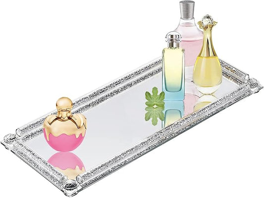 Mirrored Vanity Tray, Crushed Diamond Filled Crystal Glass Cosmetic Makeup Tray, Sparkle Perfume Jewelry Trinket Countertop Decorative Tray, for Home Party Hotel Dresser Bathroom Bedroom, Silver