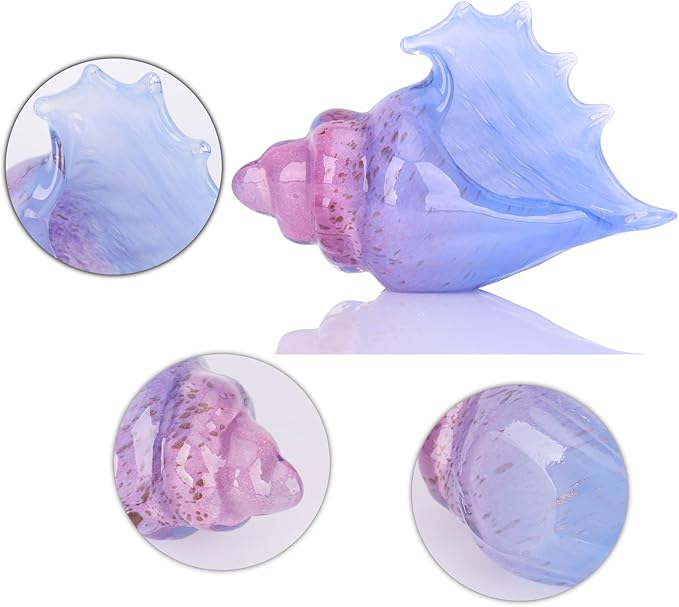 Hand blown glass conch statues, coastal home decor conch corners, glass art conch sculptures, office decor blown glass art, living room table centerpieces, bathroom shelf tops and cabinet decor.