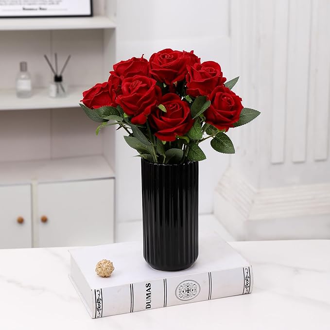 Black Ceramic Vase for Flowers, Modern Black Vase for Home Decor, Tall Ribbed Vase for Living Room, Office, Mantel, Bookshelf, Dining Table, 8 inches