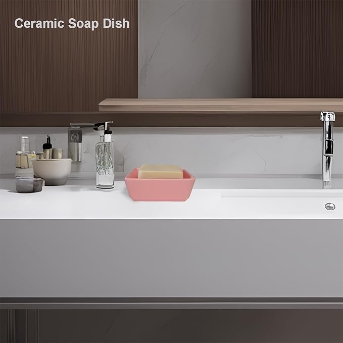 Square Soap Case Ceramic Soap Tray Fit Dr. Squatch Natural Bar Durable Soap Holder for Shower Home Bathroom Soap Dishes Daily Use Sink Bathtub (Pink)