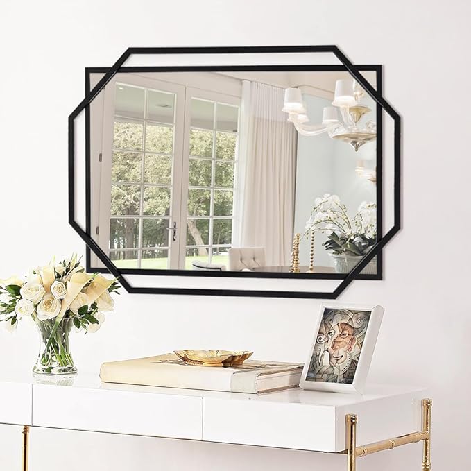 Decorative Wall Mirror, Black Frame Bathroom Mirror for Wall with Modern Metal Octagonal, for Living Room, Dining Room, Entryway (40" x 28")