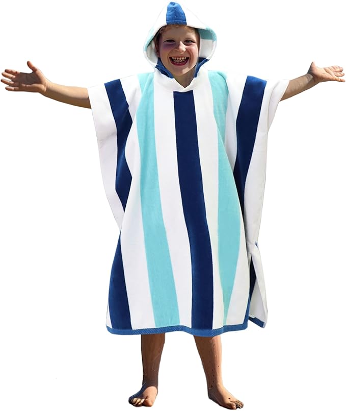 Hooded Beach Towel - Swim Cover-up - 100% Cotton Velour Double Woven Large Hooded Poncho Towel - Big Kid Pool Bath Wearable Swimming Robe - Soft Plush 630 GSM Gift - 35 x 35 - Ocean Blue