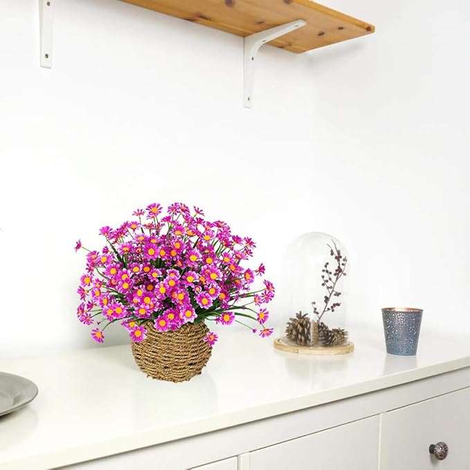 Artificial Daisies Flowers Outdoor UV Resistant 4 Bundles Fake Foliage Greenery Faux Plants Shrubs Plastic Bushes for Window Box Hanging Planter Farmhouse Indoor Outside Decor(Magenta)