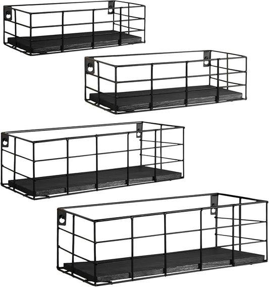 Fixwal 4 Set Floating Shelves Wall Shelves for Storage Hanging Shelves Wall Mounted for Living Room Kitchen and Bedroom Bathroom for Wall Decorative Storage (Black)