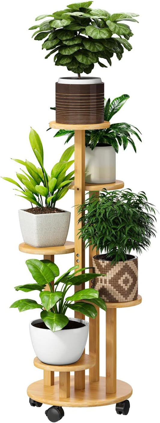 FILWH Plant Stand For Outdoor Indoor Tall Bamboo Flower Stand with Wheels Plant Shelf Pot Holder Plants Corner Display Rack for Balcony Garden Patio(Natural)