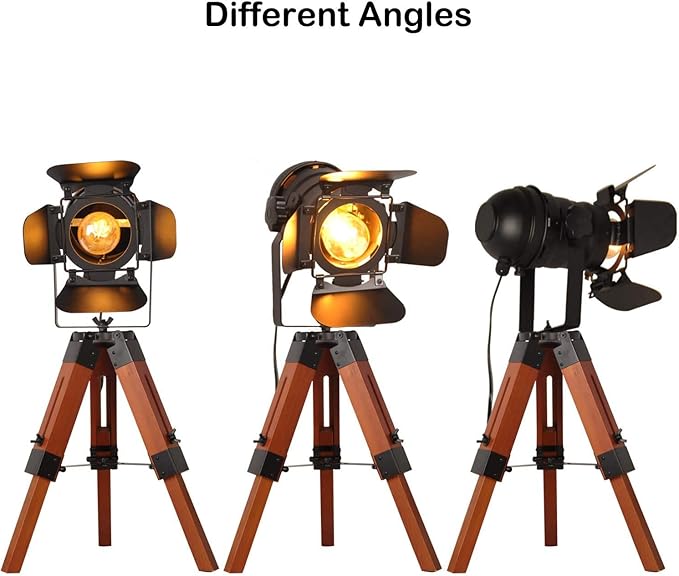 Industrial Tripod Wood Table Lamp for Bedside, Farmhouse Adjustable Height Retro Desk Lamp for Living Room Rotataion Vintage E26 Standing Lighting for Bedroom