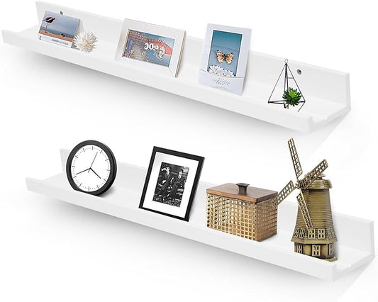 Muzilife 35.4" Large Floating Wall Ledge Shelves with Lip - Set of 2 Wood Floating Shelves - White Wall Mounted Picture Ledge for Office, Bathroom, Bedroom, Living Room, Kitchen