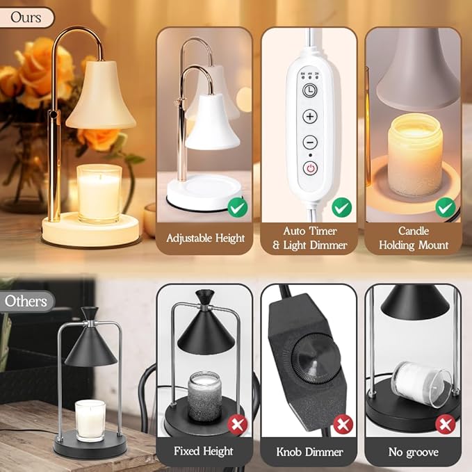 Candle Warmer Lamp, Height Adjustable Dimmable Candle Lamp Warmer with Timer, Electric Wax Melt Warmer for Jar Candles, Nightstand Lamp for Bedroom, House Warming Mothers Day Gifts Decor