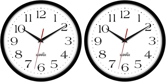HIPPIH 2 Pack Silent Wall Clock, 10 Inch Non Ticking Quiet Digital Sweep Decorative Battery Operated Wall Clocks for Living Room Bedroom Kitchen School Office Decor, Black