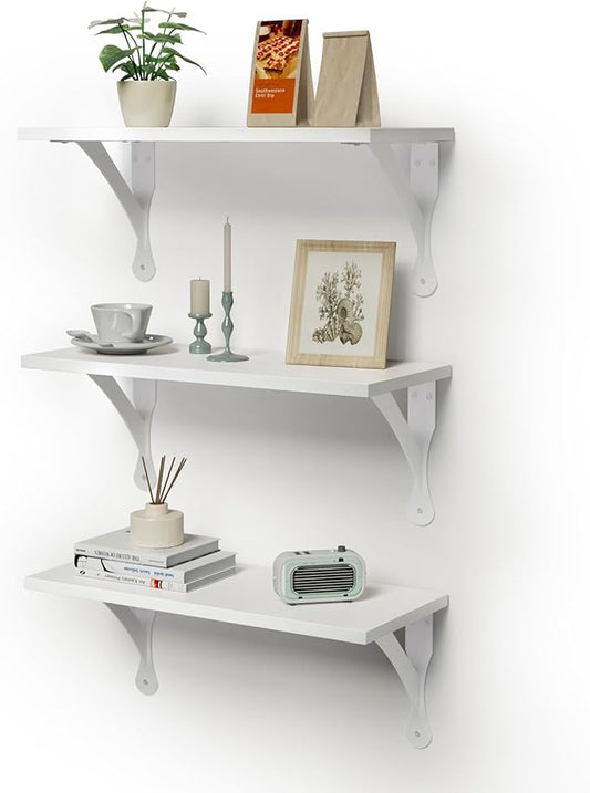 Wood Floating Shelves Set of 3, Wide Display Shelf Wall Mounted with Brackets, Easy Hanging Floating Shelves for Bedroom, Kitchen, Living Room, Bathroom (White)
