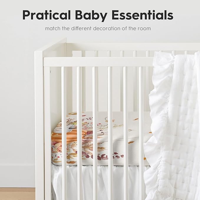 Horaldaily 2 Pack Fitted Crib Sheet for Boys Girls,Soft Breathable Washable Jersey Microfiber Baby Crib Sheet, Fits Standard Size Crib Mattress 28in x 52in, Floral Wheat Nursery Sheet White/Orange