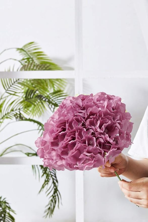 Mauve Hydrangea Silk Artificial Flowers 10pcs, 7in x 9.8in (18cm x 25cm), Realistic Lifesize, Customizable Length, Includes Floral Foam, Perfect for Home, Party, Wedding Decor