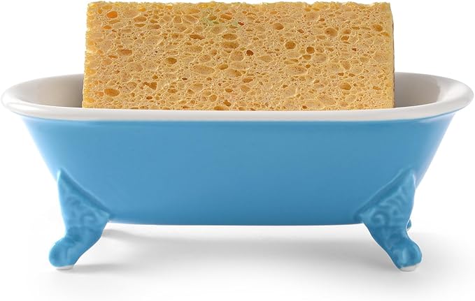 6.5" Ceramic Mini Decorative Clawfoot Bathtub Bar Soap Dish, Kitchen Sponge Holder and Shower Tray for Bathroom, 1 Pack(Pacific Blue)