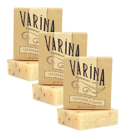 Varina Organic Lavender Flowers Bar Soap - Gentle Cleansing for Sensitive Skin, Herbal and Mint - 3 Pack