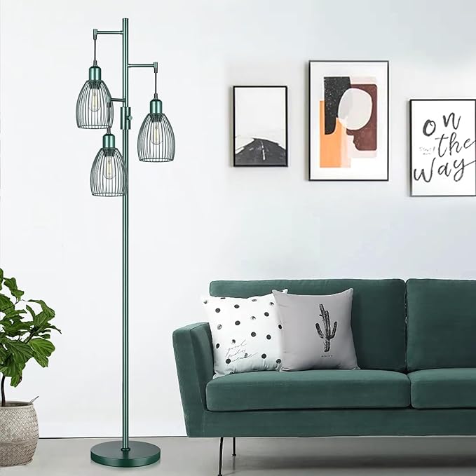 Dimmable Industrial Floor Lamps for Living Room, Green Tree Standing Tall Lamps with 3 Elegant Teardrop Cage Head & 800 Lumens LED Bulbs for Bedroom Office