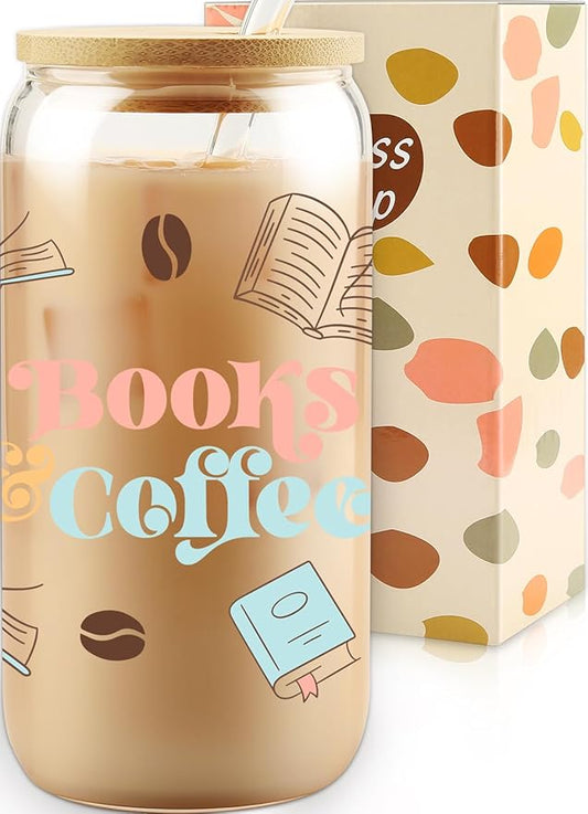 Book Lover Gift, Books & Coffee Glass Tumbler 16 oz, Gifts for Her, Bookish Gifts, Bookworm Club Gift, Secret Santa Present, College Birthday Reading Presents, Iced Coffee Glass with Lid and Straw