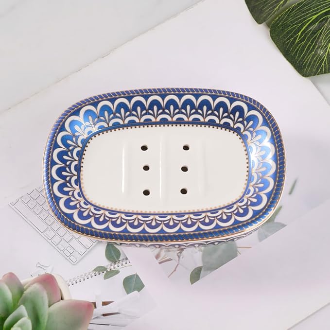 Self Draining Soap Dish, Double-Layer Bar Soap Tray, White Ceramic Soap Dish with Elegant Patterns (Style C)