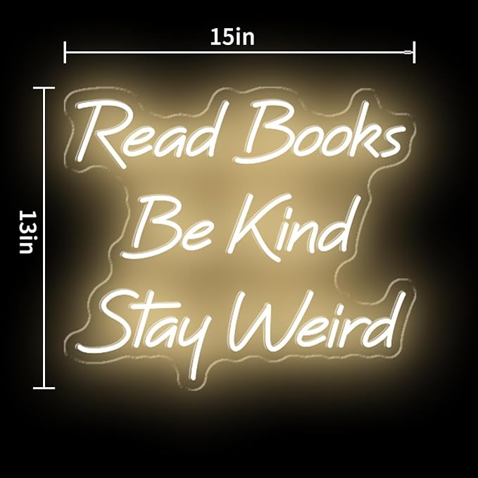 Read Books Be Kind Stay Weird Neon Sign, 15”x13”USB Powered Read Books Neon Signs for Wall Decor Dimmable, Neon Light Sign for Classroom Reading Room Bookstore, Warm White