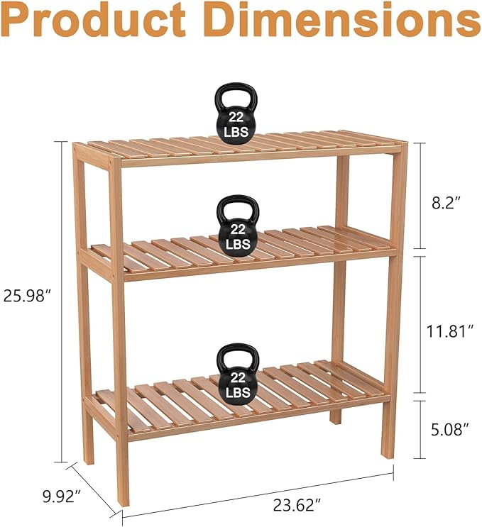 kinbor Bamboo Rack Multifunctional Bathroom Kitchen Living Room Holder Plant Flower Stand Utility Storage Shelf (3-Tier)