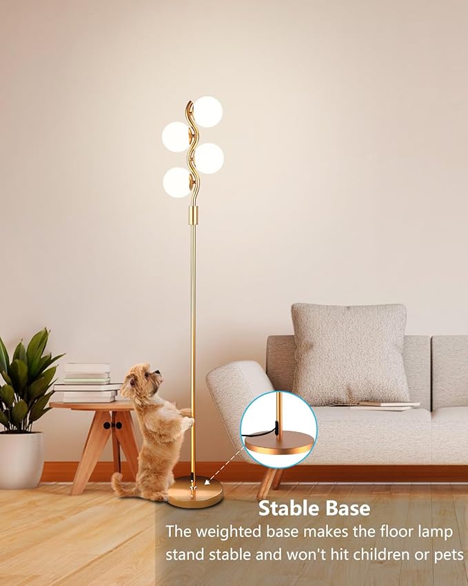 60IN Dimmable (Brightness Adjustable) Gold Floor Lamp, Modern Standing Lamps with 4 Globe Soft Warm White 3000K Bulbs, Mid Century Floor Lamp for Living Room Bedroom Home Decor
