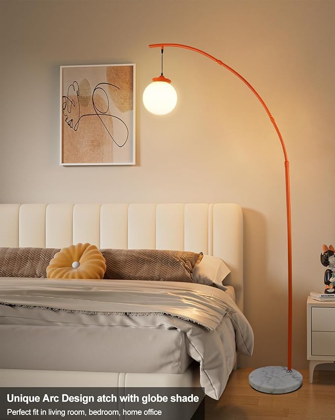 Lightdot Arc Floor Lamp for Living Room, 76Inch Tall Standing Lamp with Marble Base and Globe Bulbs Included, 3000K Warmwhite Modern Mid Century Floor Lamp for Bedroom & Home Office-Orange