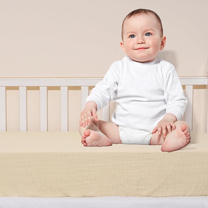 Muslin Crib Sheets for Boys Girls, 2 Pack 100% Cotton Soft Breathable Fitted Baby Sheet Set, 28x52 Inch Fits Standard Crib and Toddler Mattresses, Beige & Grey
