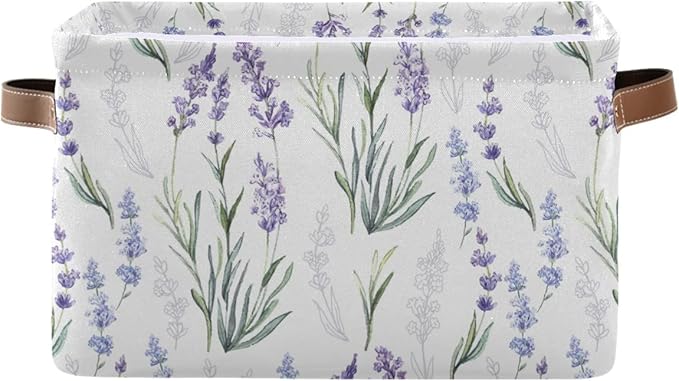 Lavender Flowers Storage Basket Fabric Storage Bin Laundry Baskets, Leaves Green Purple Foldable Storage Boxes Organizer Bag for Baby Cloth Dog Toy Book Storage Cubes Shelf Closet Basket 16×12×8