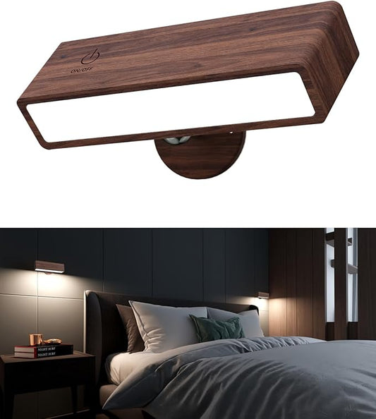YiLaie Battery Operated Wall Lights,Walnut Wireless Wall Sconce for Bedroom,Rechargeable Wall Lights Cordless,Bedside Battery Wall Mount Reading Lamp Dimmable,Magnetic Stick on Wall sconce for Bedroom