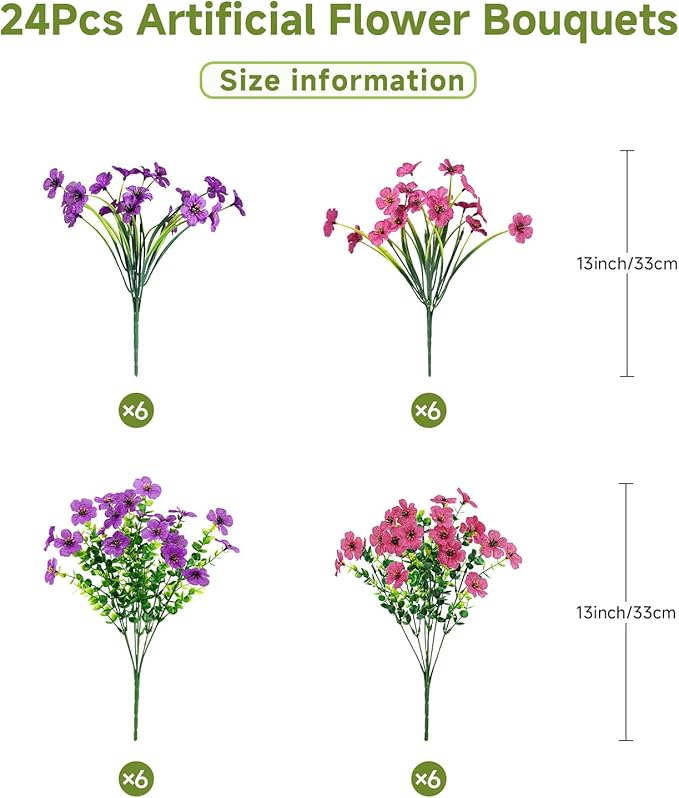 24 Bundles Artificial Flowers for Outdoors Decoration, UV Resistant Silk Violet Faux Colorful Daisy Eucalyptus Fake Plants for Outside Indoor Yard Home Patio Porch Decor, (Purple & Rosered)