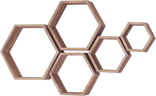Hexagon Shelves for Wall,Hexagon Floating Shelf Set of 5,Honeycomb Shelves Octagon Hanging Cube Rustic Wood Wall Mounted for Living Room Bedroom Kitchen Bathroom Office Home Decor（Carbonized Brown）