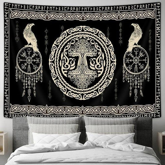 Hajmsug Vikings Tapestry,Black and White Tree Bird of Wisdom Celtic Rune Ancient Rune Totem Norse Mythology Medieval Viking Wall Art,Aesthetic Mythology Tapestry for Bedroom Living Room,71X60 Inch.