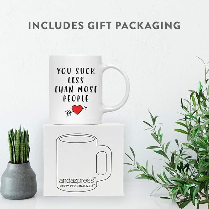 Andaz Press Valentine’s Day Funny 11oz. His Her Couples Coffee Mug Gift, You Suck Less Than Most People, Heart Graphic, 1-Pack, Gift Box