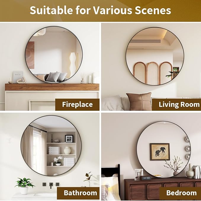 Black Round Mirror, 18 Inch Bathroom Mirror with Metal Frame, Wall Wall-Mounted for Entryway, Bathroom, Vanity, Living Room