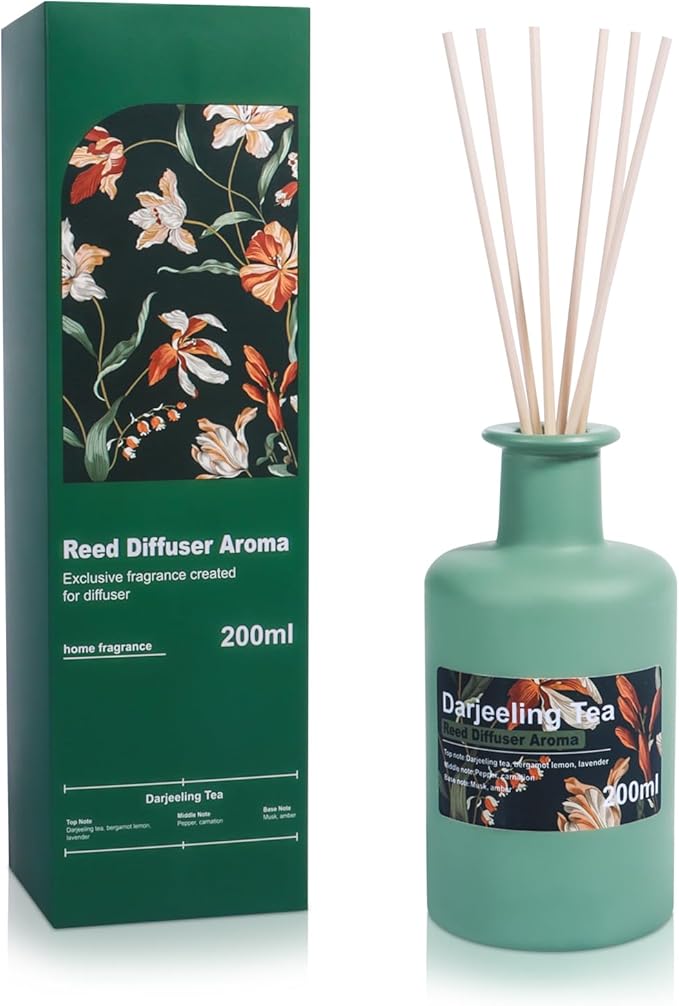 Reed Diffuser Set, 6.8fl oz/200ml Darjeeling Tea & Bergamot Aroma Scented Oil Diffuser with 8Pcs Sticks, Large Capacity Home Fragrance for Large Room Shelf Bathroom Decor