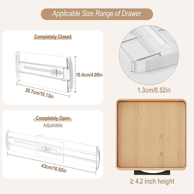4 Pack Drawer Dividers for Clothes, 4" High 10"-17" Adjustable Drawer Dividers Expandable Dresser Drawer Organizers, Clear Drawer Separators for Clothes, Underwear, Cosmetic, Kitchen Utensils Storage