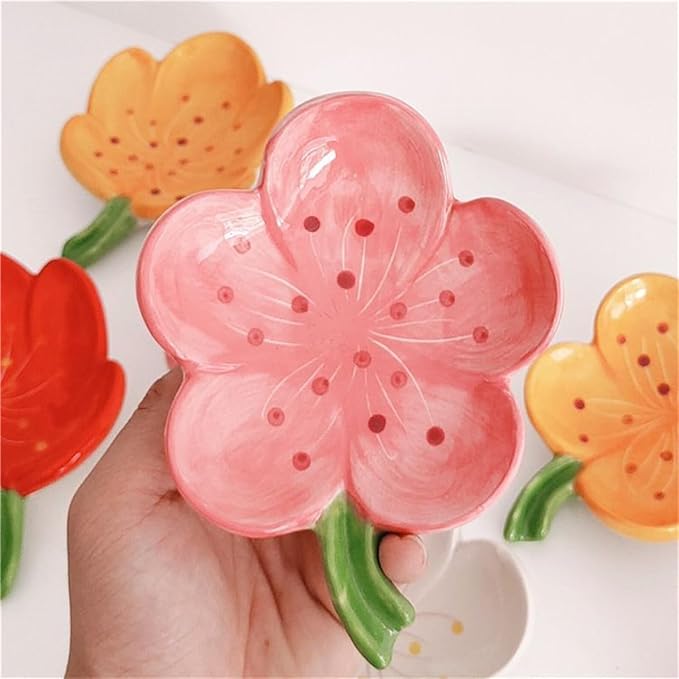Ankah Decorative Ceramic Soap Box, Flower Shape Soap Dish, Self-Draining to Keep Dry Stop Mushy Soap Holder, Easy Cleaning, Best for Shower Bathroom and Kitchen (Peach Blossom, Pink)