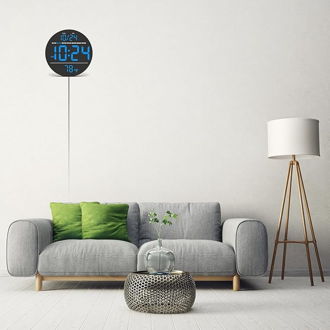 Digital Wall Clock with Large LED Display, Auto-Brightness, Temperature, Low-Reflectivity, Small Silent Non-Ticking Modern Electric Wall Clock for Bedroom, Living Room, Office, Classroom, Farmhouse