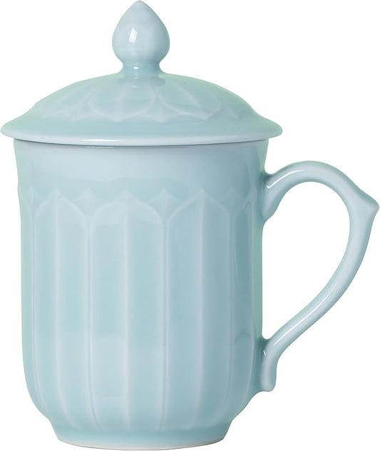 Porcelain Lotus Tea Cup with Lid and Handle, 12 oz Unique Coffee Mug, Microwave Dishwasher Safe, Gifts for Women and Men, Aesthetic Chinese Celadon 1 Pack (Ivory Blue)