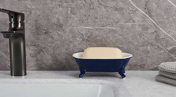 6.5" Ceramic Mini Decorative Clawfoot Bathtub Bar Soap Dish, Kitchen Sponge Holder and Shower Tray for Bathroom, 1 Pack(Navy Blue)