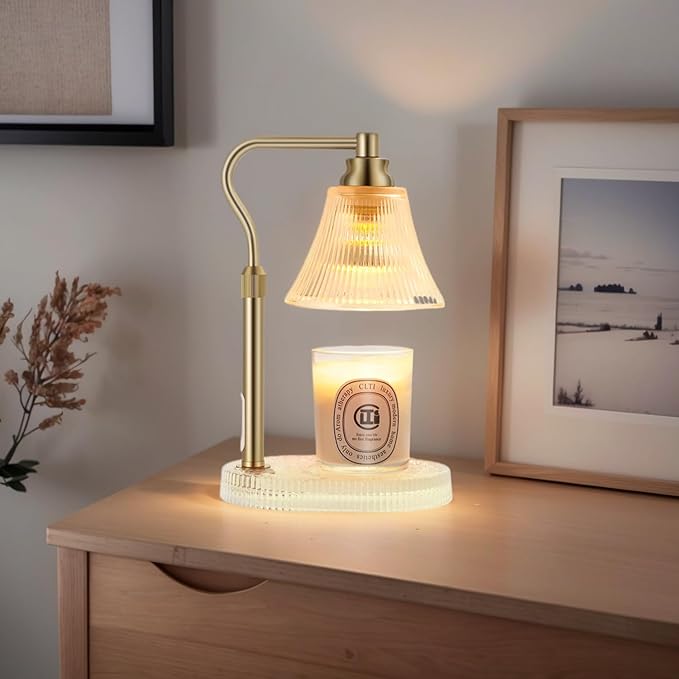 Lamp Candle Warmer for Jar Candles,Flower Candle Warmer Lamp with Timer Dimmer,Glass Base Adjustable Height Candle Warmer Lamp,Gold Electric Candle Warmer for Scented Wax Jar Candles,Glass Lampshade