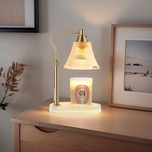 Lamp Candle Warmer for Jar Candles,Flower Candle Warmer Lamp with Timer Dimmer,Glass Base Adjustable Height Candle Warmer Lamp,Gold Electric Candle Warmer for Scented Wax Jar Candles,Glass Lampshade