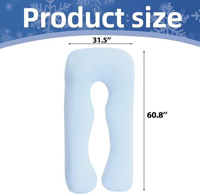 Cooling Pregnancy Pillow Cover (ONLY Pillowcase), Q-Max 0.4 U Shaped Luxurious Smooth Maternity Pillow Cover with Hidden Zip, Cool Large Pillow Protector for Side Hot Sleeper, Blue, 61x31 in