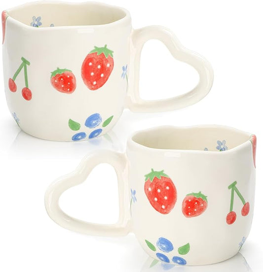 2 Pack Ceramic Coffee Mug, 10 Oz Cute Hot Chocolate Mugs with Heart Shaped Handle, Handmade Aesthetic Latte Cup for Women Girls, Tea Milk Cup Microwave Safe for Cocoa, Gift, Strawberry Floral