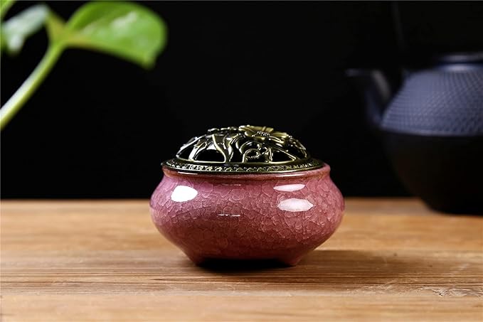 Ceramic Incense Burner with Incense Stick Holder + Insulation use for Stick or Coil Incense, Sage Cones and Frankincense (Violet)